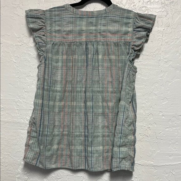 LOFT Mint Green Blue Flutter Sleeve Blouse with Ruffled Tie Smocked Front - Picture 4 of 6